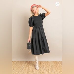 NWT Tuckernuck Black Sussex Dress Size Small Midi Length‎ Puff Sleeve Pockets